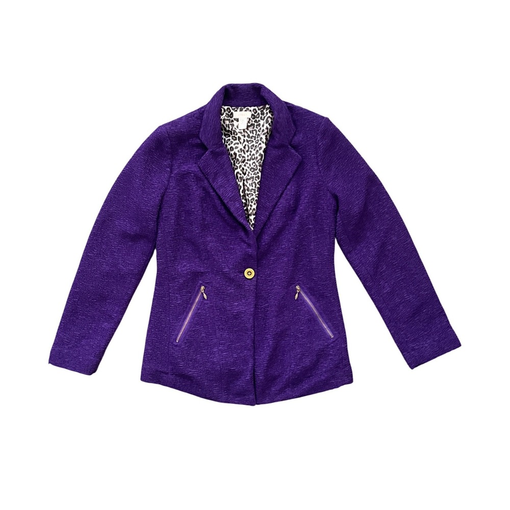 Chico's Purple Textured Single Button Blazer Leopard Lining Womens Size 0